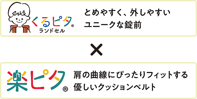 くるピタランドセル とめやすく、外しやすいユニークな錠前 × 楽ピタ 肩の曲線にぴったりフィットする優しいクッションベルト