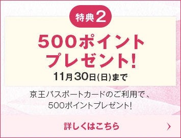 特典2 対象カード拡大!! 500ポイントプレゼント！11/30(日)まで 京王パスポートカードのご利用で、500ポイントプレゼント! 詳しくはこちら
