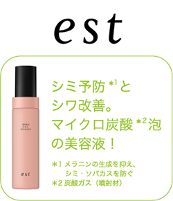 est シミ予防*1とシワ改善。マイクロ炭酸*2泡の美容液！*1 メラニンの生成を抑え、シミ・ソバカスを防ぐ *2 炭酸ガス（噴射剤）