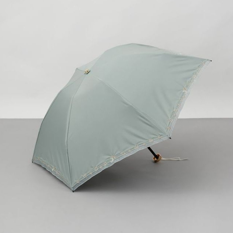 [ビューランス]刺繍縁オーガンジー晴雨兼用（折り畳み・ミニ傘）ミントグリーン 