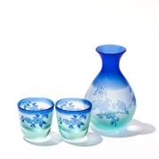 【父の日】[太武朗工房]＜彫刻硝子＞鉄線紋 酒器三点揃(グリーン/ブルー)