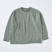 【SALE】[Donnez-Moi]えりステッチ編柄切替ニット　グリーン