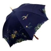 [シノワズリーモダン京都]花鳥刺繍かわず張り晴雨兼用長日傘　ネイビー