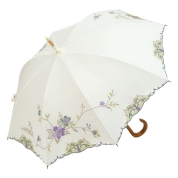 [シノワズリーモダン京都]花鳥刺繍かわず張り晴雨兼用長日傘　ホワイト×パープル