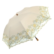 [シノワズリーモダン京都]更紗ペイズリー刺繍ショート折たたみ晴雨兼用日傘　モカ