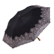 [シノワズリーモダン京都]更紗ペイズリー刺繍ショート折たたみ晴雨兼用日傘　ブラック