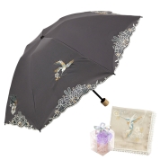 [シノワズリーモダン京都]【母の日ギフトセット】花鳥オーガンジー刺繍晴雨兼用ミニ折りたたみ日傘(グレー)　ギフトセット