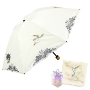 [シノワズリーモダン京都]【母の日ギフトセット】花鳥オーガンジー刺繍晴雨兼用ミニ折りたたみ日傘(ホワイト)　ギフトセット