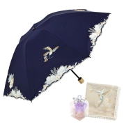 [シノワズリーモダン京都]【母の日ギフトセット】花鳥オーガンジー刺繍晴雨兼用ミニ折りたたみ日傘(ネイビー)　ギフトセット