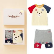 [ミキハウス ホットビスケッツ]顔ドン！Tシャツ＆ハーフパンツセット(箱入り)　黄