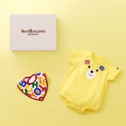 ［ミキハウスホットビスケッツ］顔ドン！ボディシャツ ＆ スタイ セット（箱入）　黄