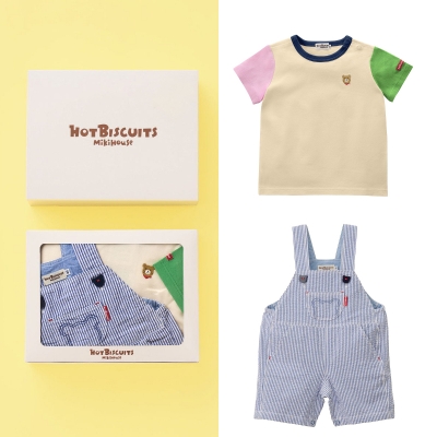 ミキハウスホットビスケッツ］オーバーオール & Tシャツセット（箱入